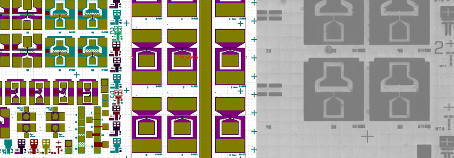 High Electron Mobility Transistor (HEMT) device - layout (left), die in process (right)