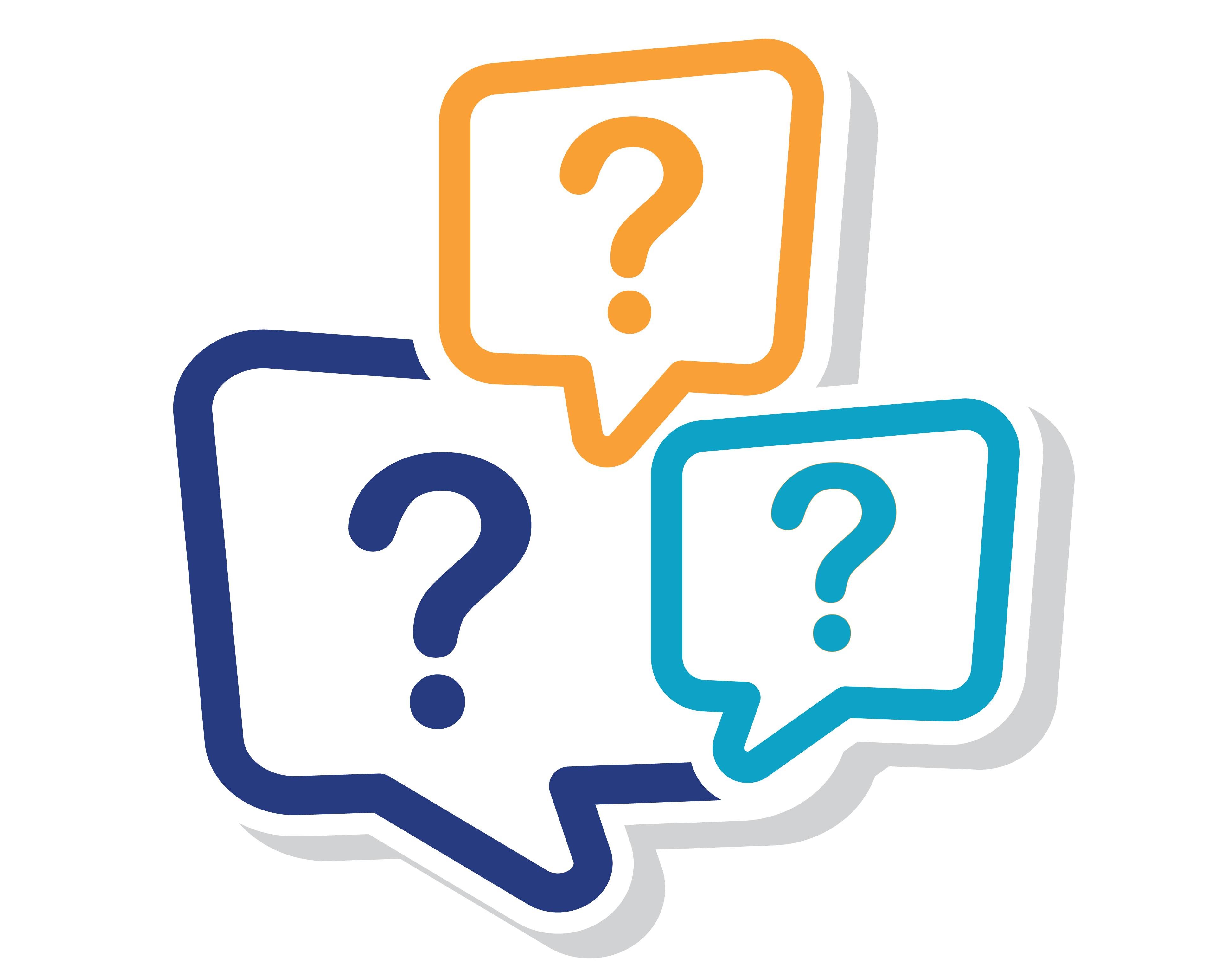Question marks inside thought bubbles.